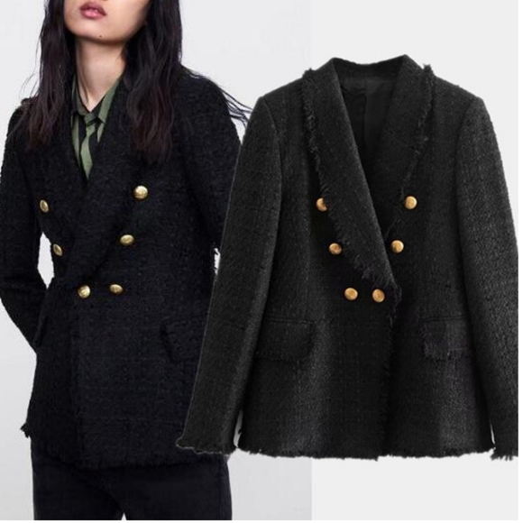 ZARA TEXTURED TWEED BLAZER BLACK GOLD BUTTONS size XS - Picture 6 of 8